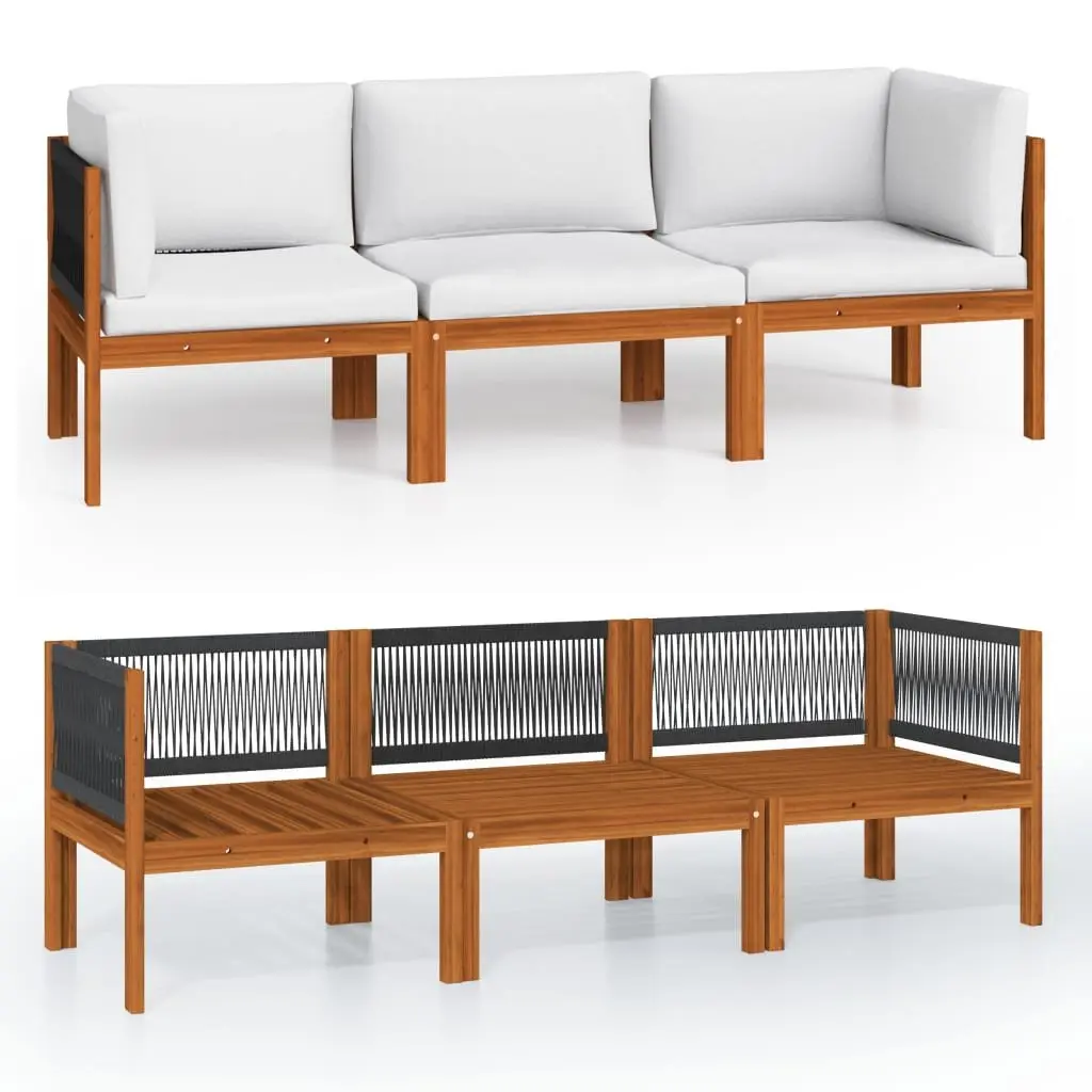 3-Seater Garden Sofa Outdoor Patio Furniture Acacia Wood Rope Backrest Removable Cushion Cream