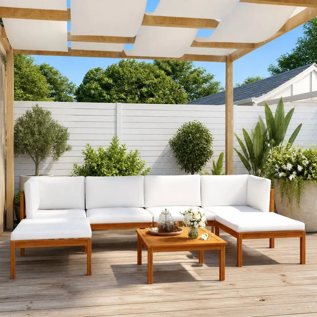 7 Piece Modular Outdoor Furniture Set Solid Pinewood Rope Woven Backrest Cushions White