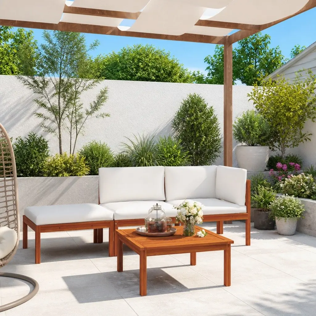 Garden Lounge Set 4 Piece Rope Backrest Patio Furniture with Cushions Cream