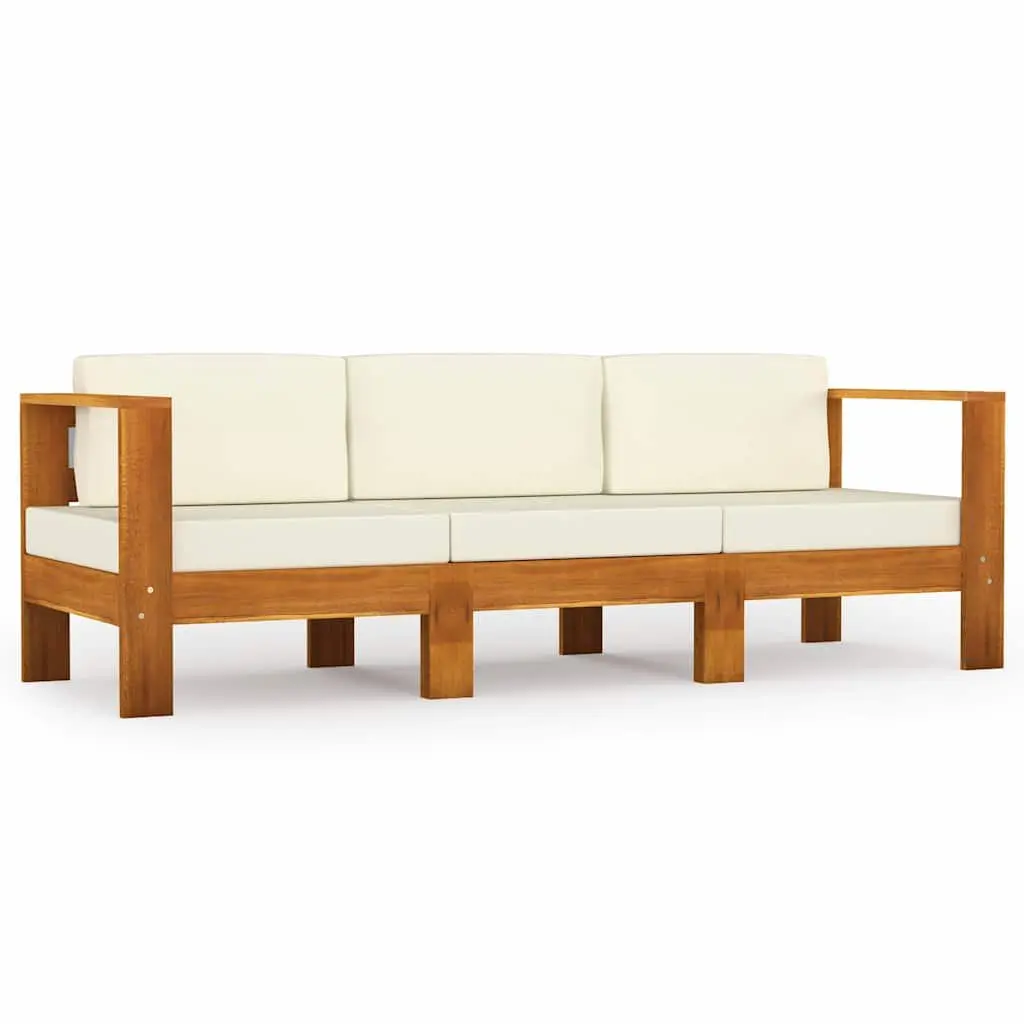 3-Seater Garden Sofa Solid Acacia Wood Frame Cream Cushions
