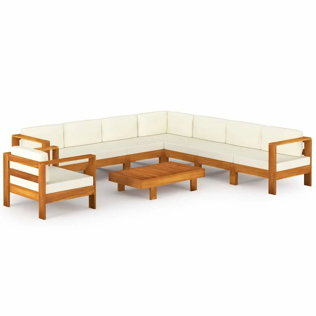 9 Piece Acacia Wood Garden Lounge Set White Cushions Patio Furniture