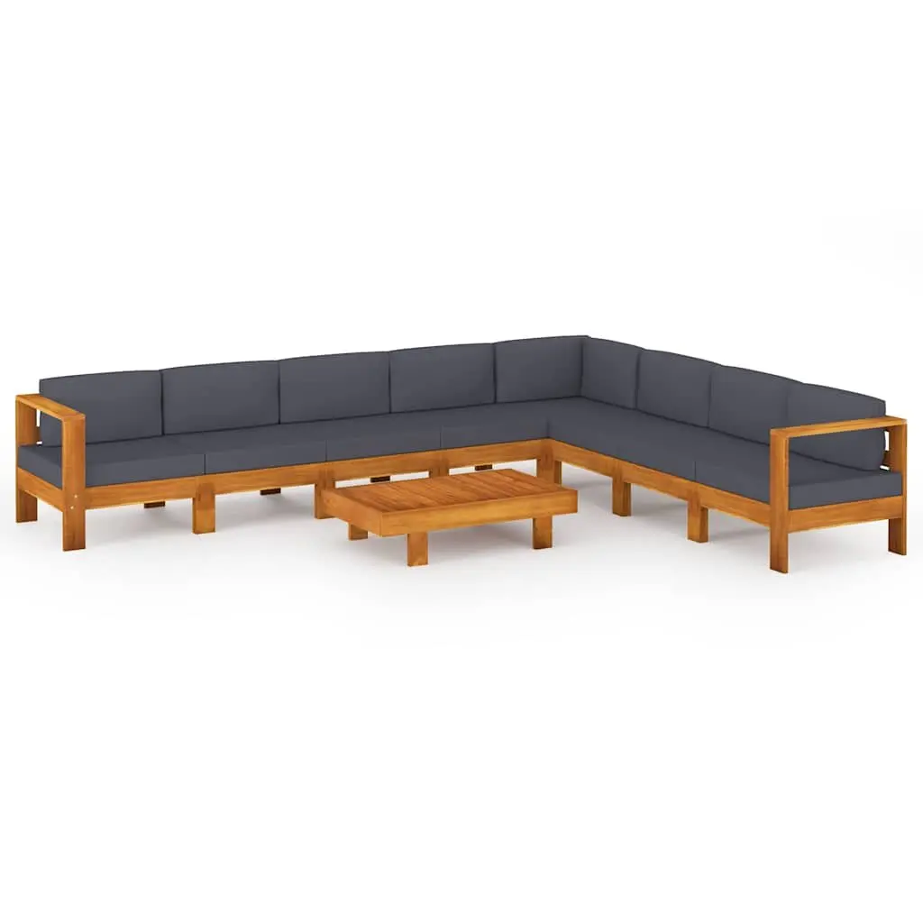 Garden Lounge Set Acacia Wood 9 Piece Outdoor Furniture Grey Cushions