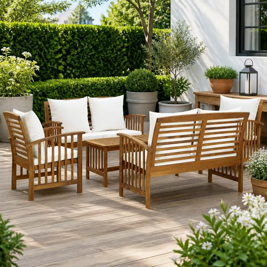 5 Piece Garden Lounge Set Solid Acacia Wood White with Cushions