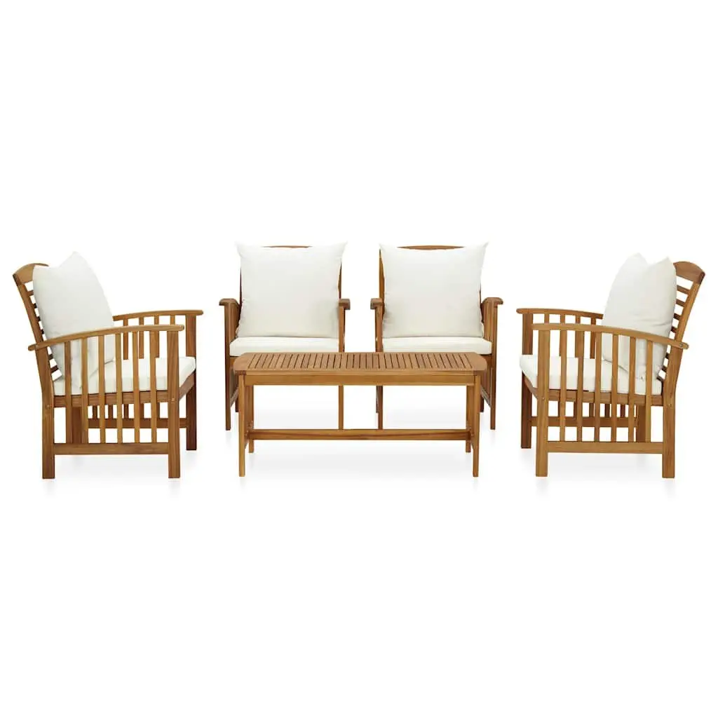 5 Piece Patio Lounge Set Solid Acacia Wood with Cushions White Outdoor Garden Furniture