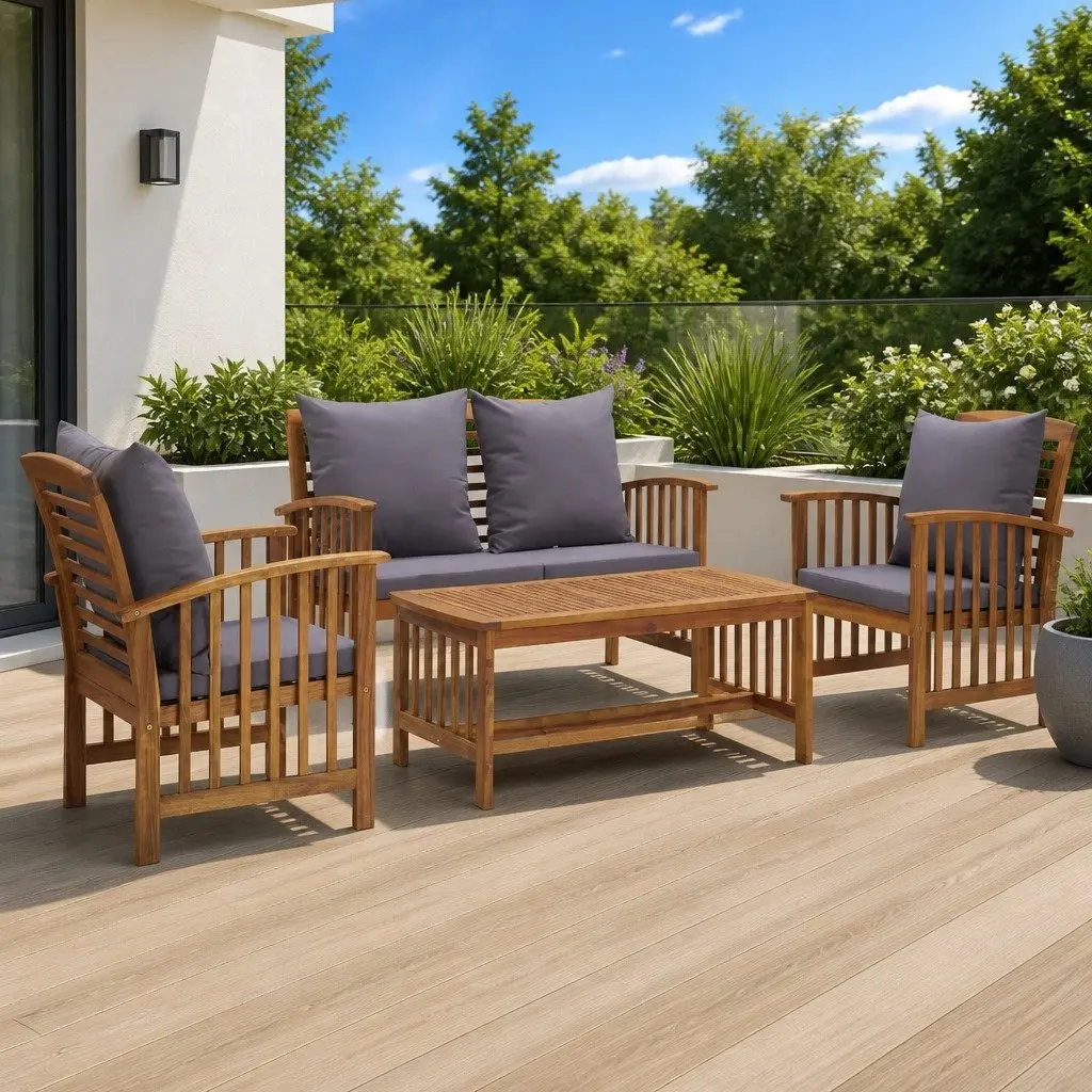 Garden Lounge Set Solid Acacia Wood 4 Piece Outdoor Furniture Patio Seating Grey Cushions