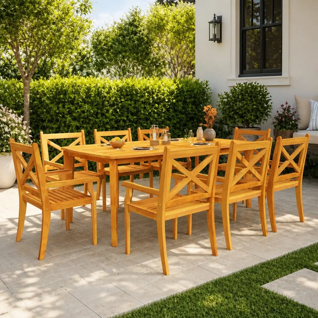 9 Piece Outdoor Dining Set Brown Solid Wood Acacia Garden Table Chairs