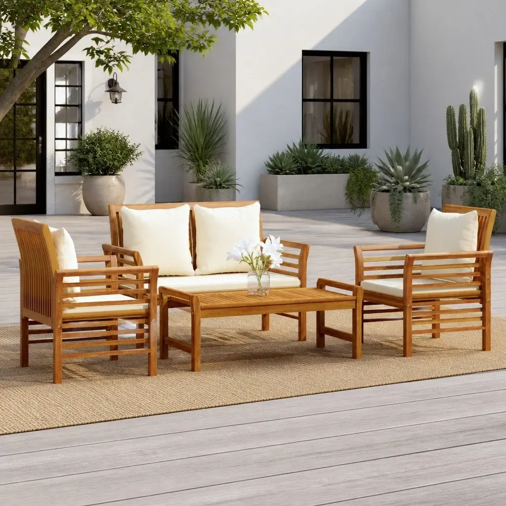 4 Piece Outdoor Lounge Set Solid Acacia Wood Brown Furniture with Cushions