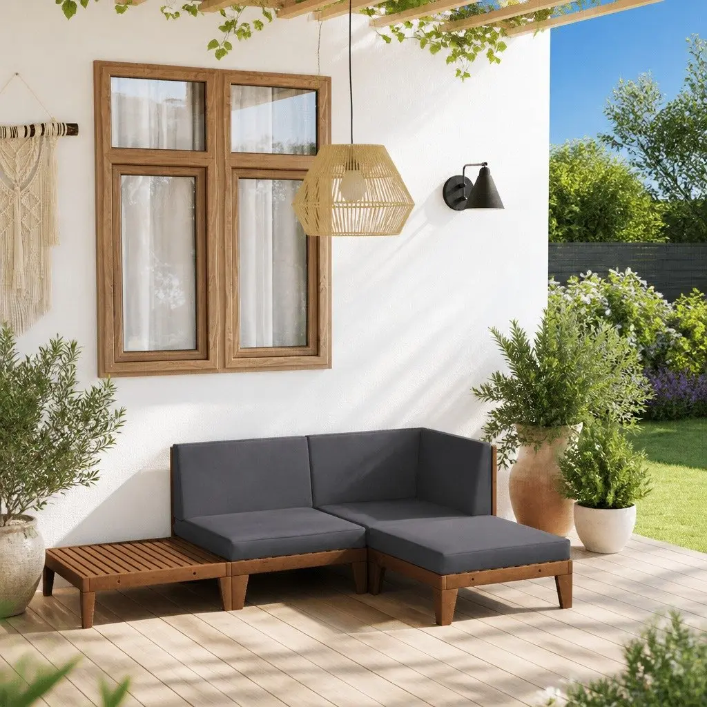 Garden Lounge Set Modular Outdoor Furniture Solid Acacia Wood 4 Piece Grey with Cushions
