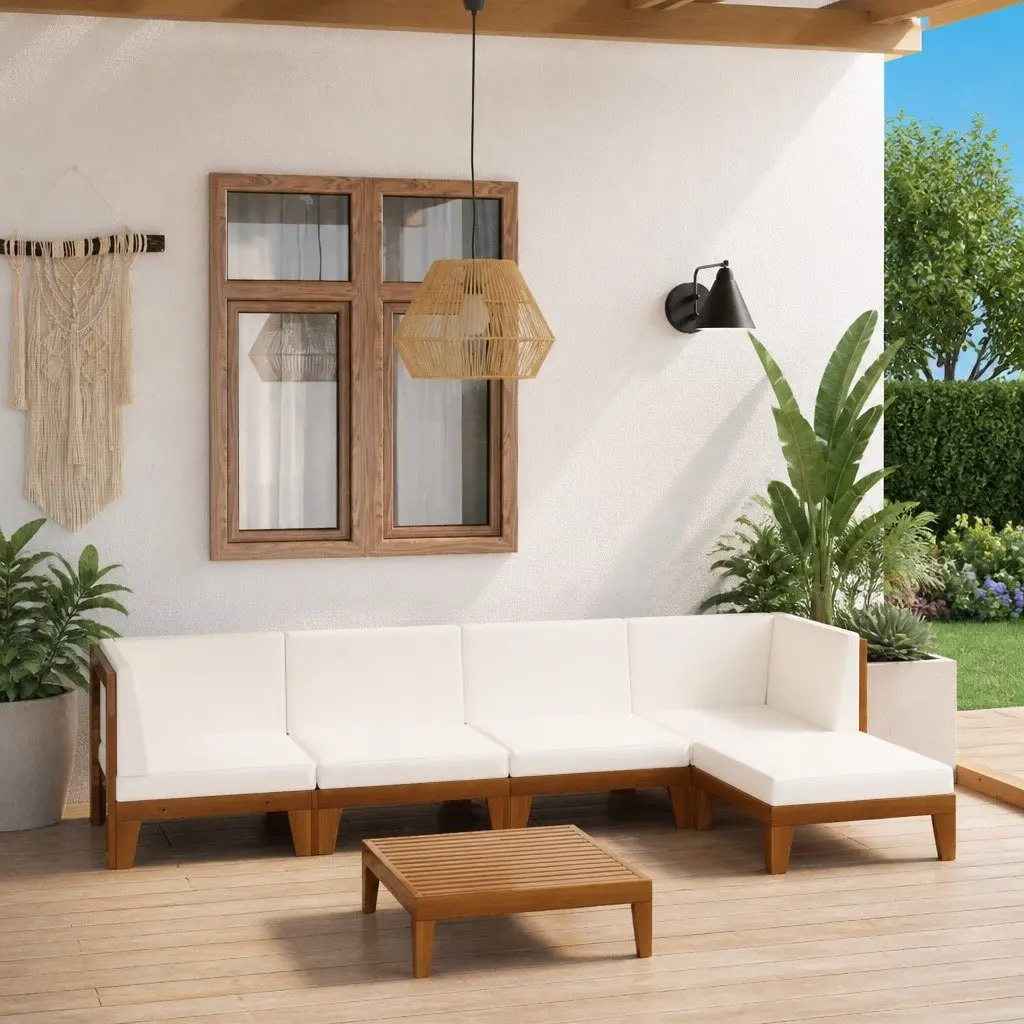 Garden Lounge Set Modular Sectional Solid Acacia Wood 6 Piece Outdoor Furniture with Cushions White