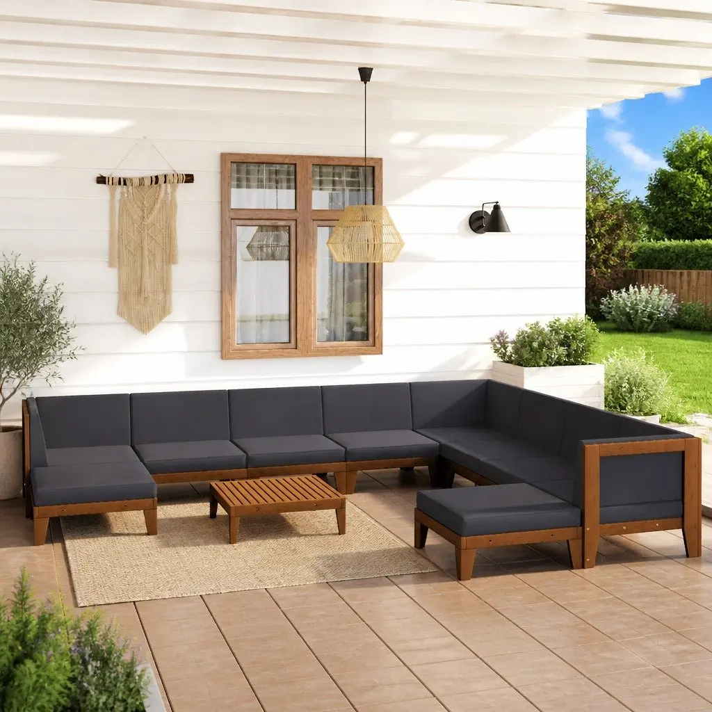 Garden Lounge Set 11 Piece Modular Outdoor Furniture Solid Acacia Wood Grey with Cushions