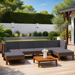7 Piece Garden Lounge Set Grey Outdoor Furniture Acacia Cushions Modular