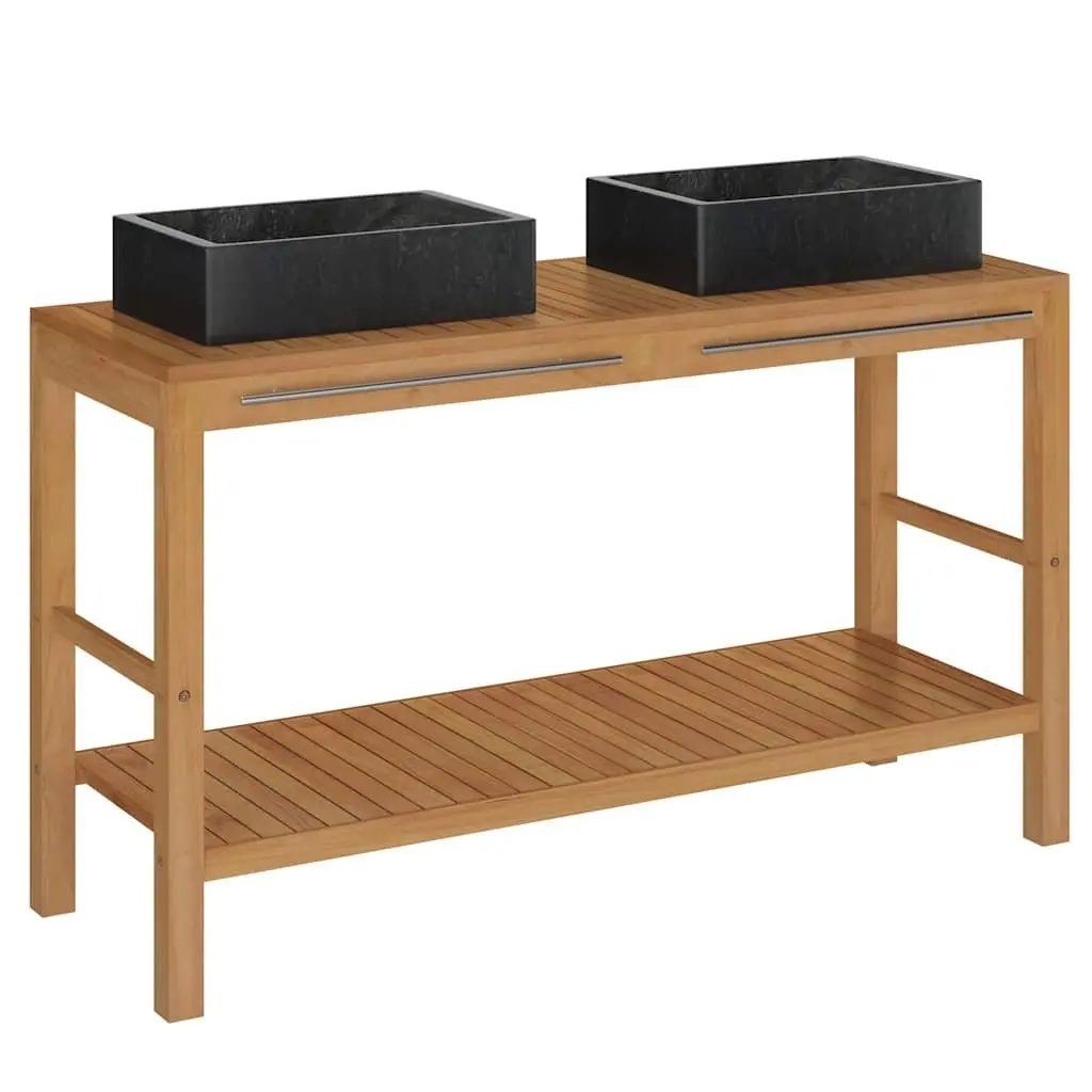 Teak Wood Bathroom Vanity Cabinet with Two Marble Sinks Black Finish and Storage Unit