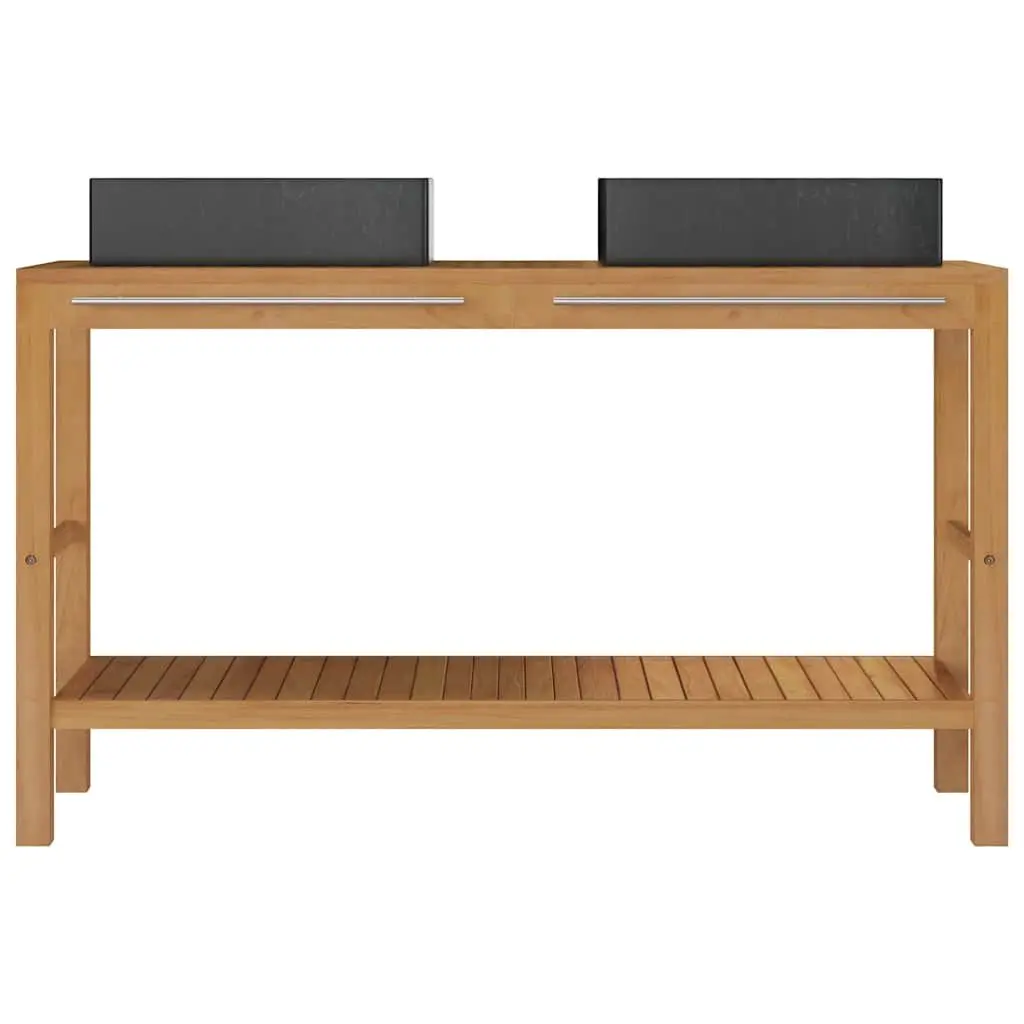 Teak Wood Bathroom Vanity Cabinet with Two Marble Sinks Black Finish and Storage Unit