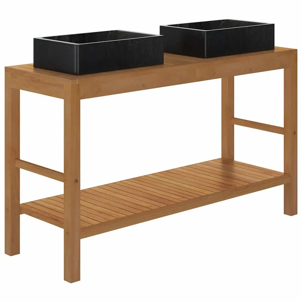 Teak Wood Bathroom Vanity Cabinet with Two Marble Sinks Black Finish and Storage Unit