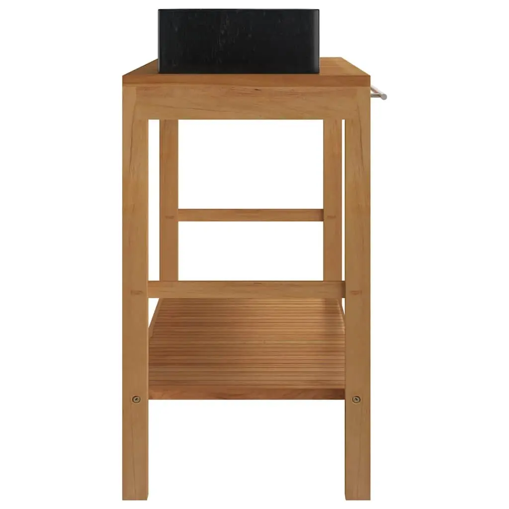 Teak Wood Bathroom Vanity Cabinet with Two Marble Sinks Black Finish and Storage Unit