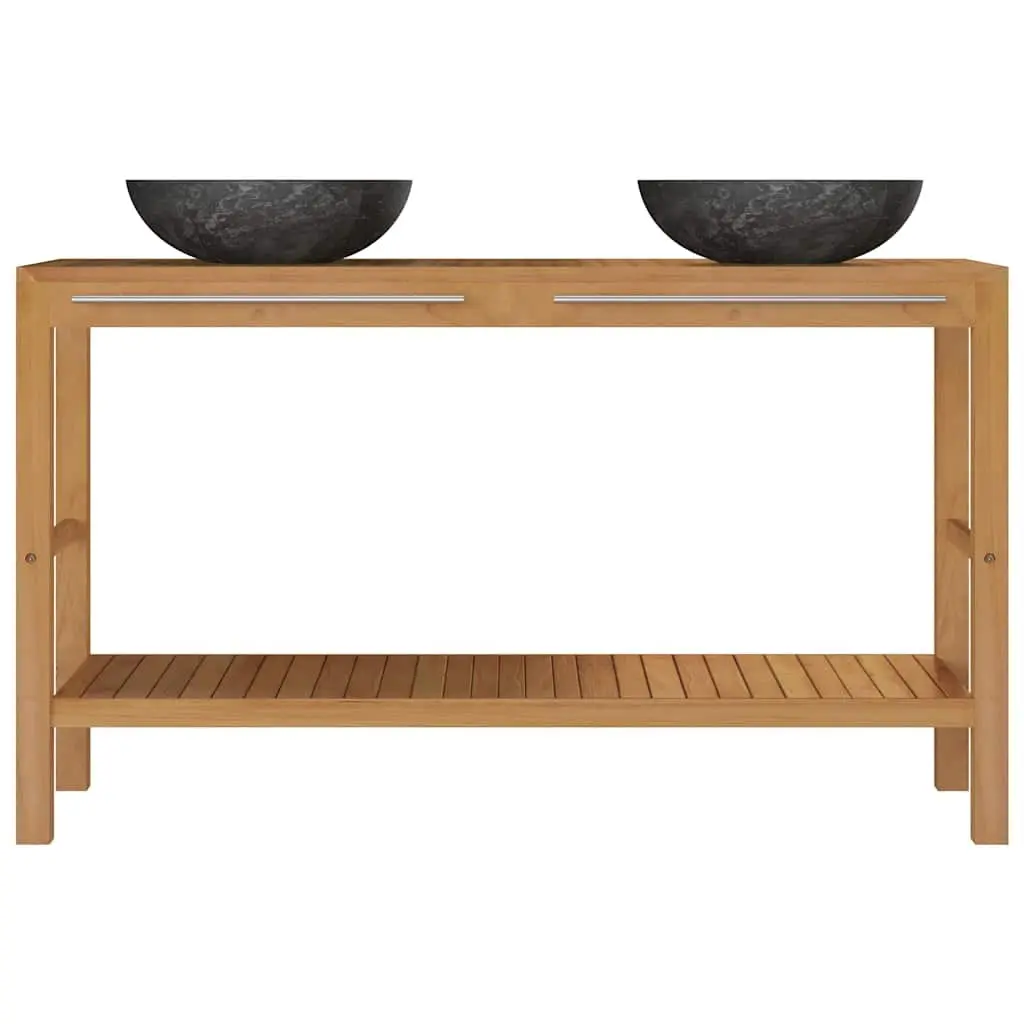 Bathroom Vanity Unit Solid Teak Wood Double Sink Marble Basin Black