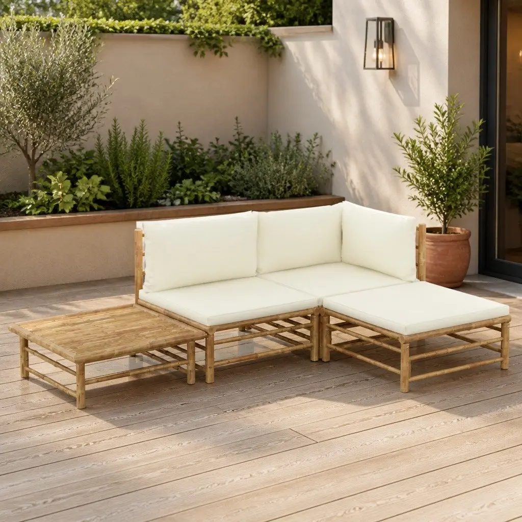 Bamboo Garden Lounge Set Modular Cream Cushions 4 Piece Outdoor Furniture
