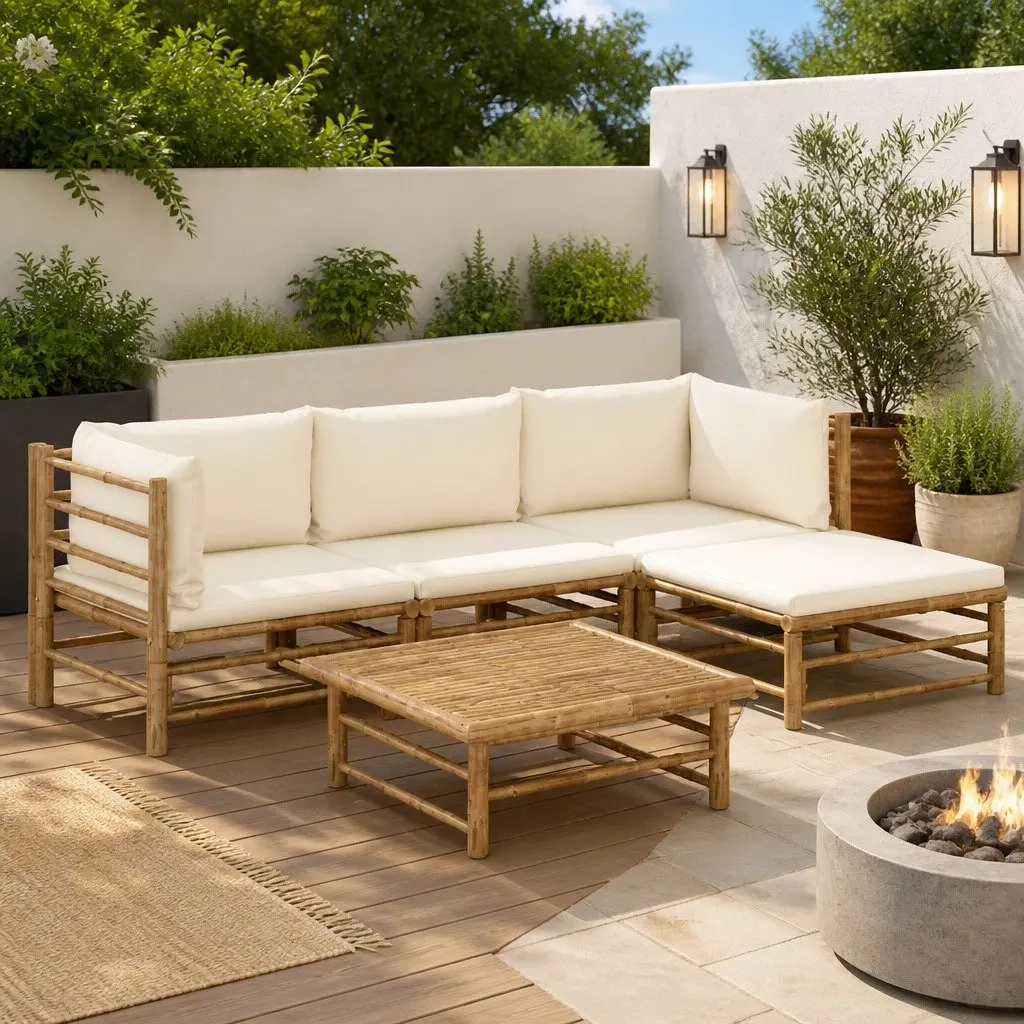 Modular Lounge Set Bamboo Outdoor Furniture White Cushion 5 Piece