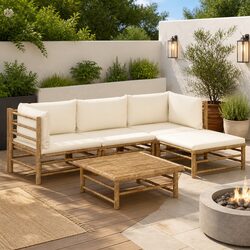 5 Piece Bamboo Garden Lounge Set Outdoor Furniture Cream Cushions Modular