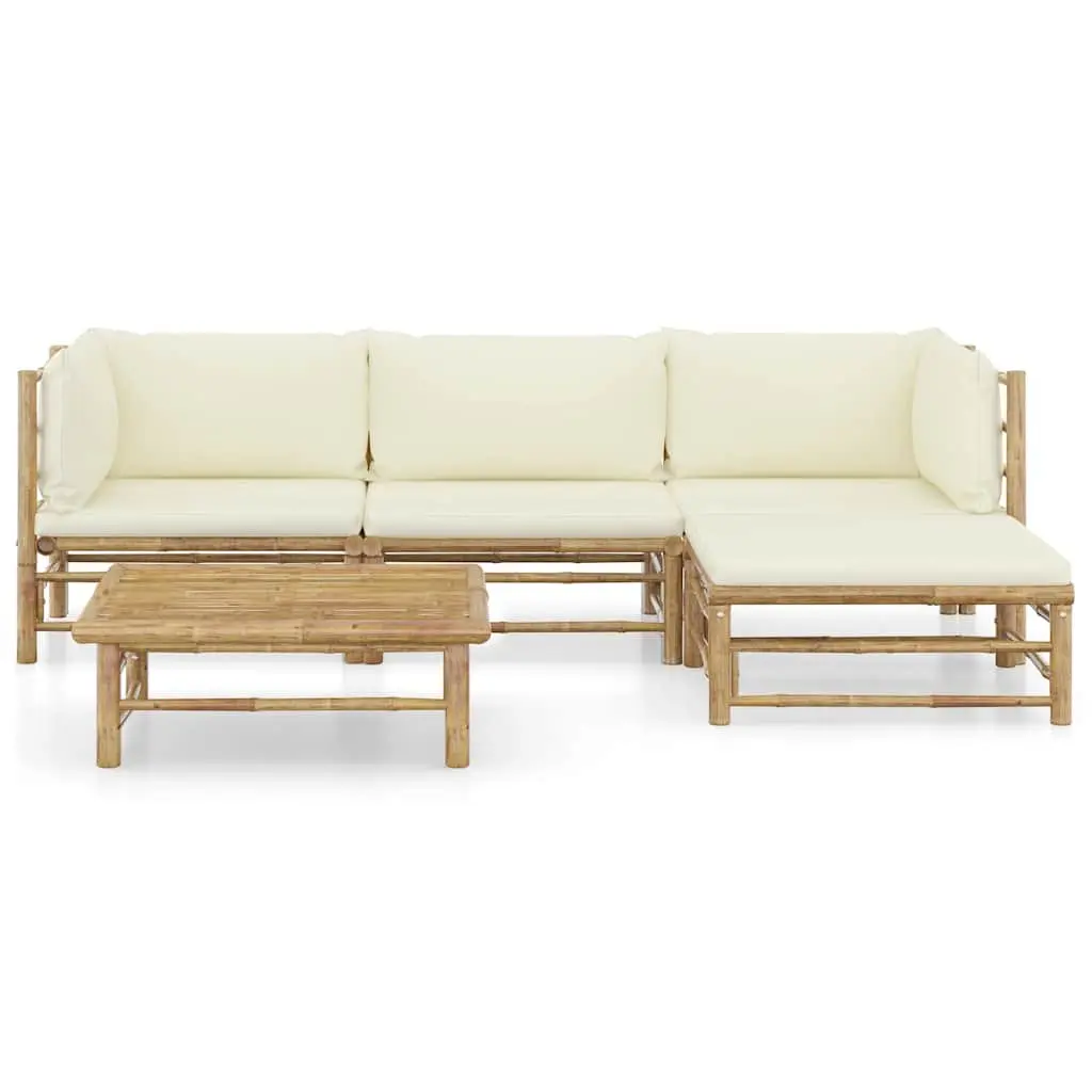 Modular Lounge Set Bamboo Outdoor Furniture White Cushion 5 Piece