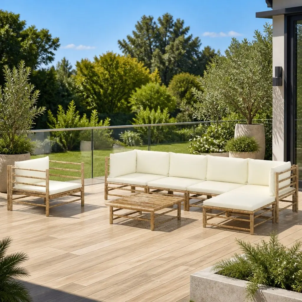 Garden Lounge Set Bamboo Modular 7 Piece Outdoor Furniture Cream White