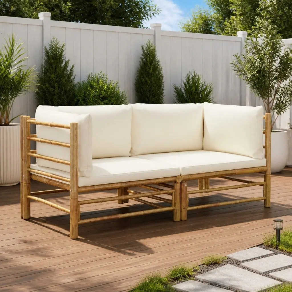 Bamboo Outdoor Lounge Set with Thick Cream White Cushions 2 Piece Sturdy Frame