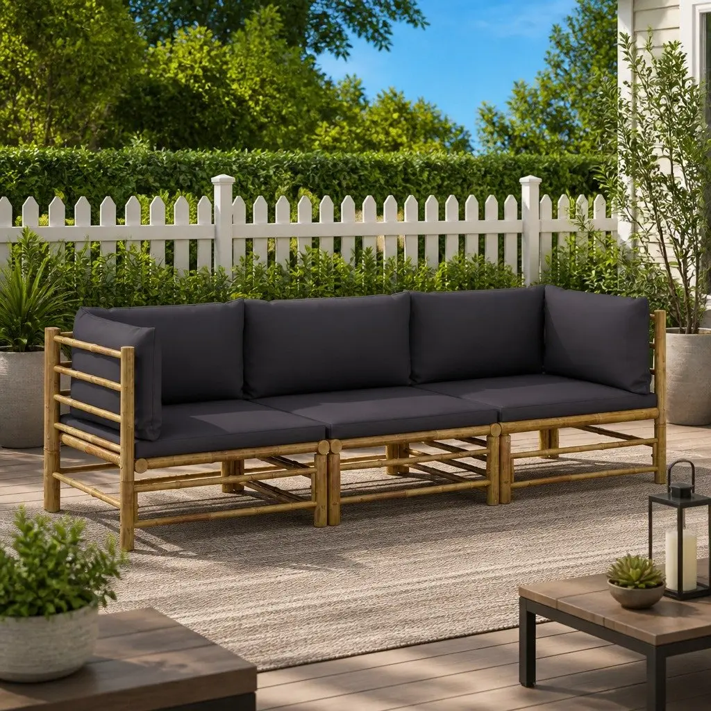 Modular Lounge Set Bamboo Construction 3 Pieces Dark Grey Cushions Outdoor Garden Furniture