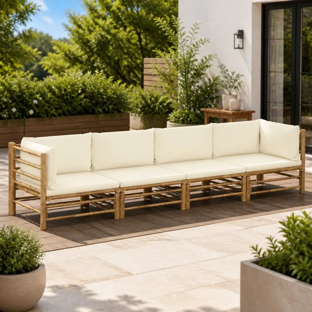 Bamboo Lounge Set Outdoor Modular 4 Piece White Furniture with Thick Cushions