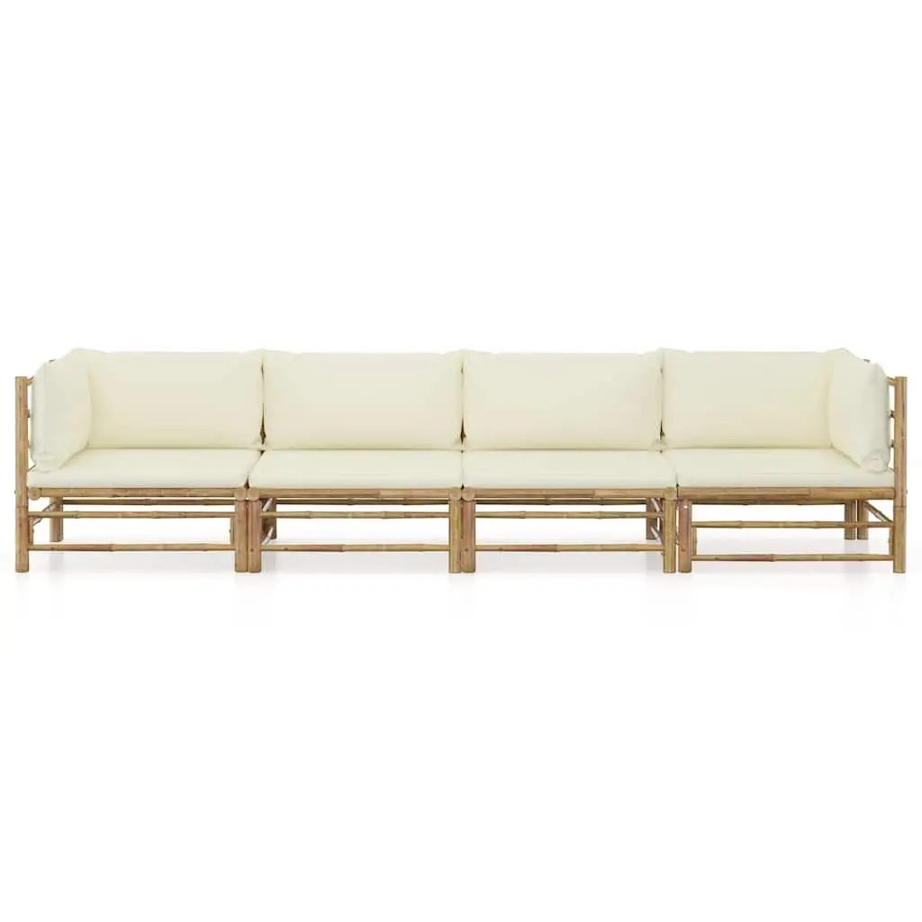 Bamboo Lounge Set Outdoor Modular 4 Piece White Furniture with Thick Cushions