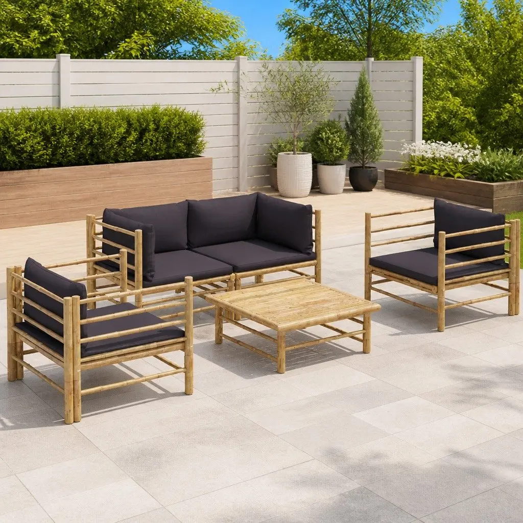 Modular Lounge Set Bamboo Construction 5 Piece Dark Grey Cushions Outdoor Furniture