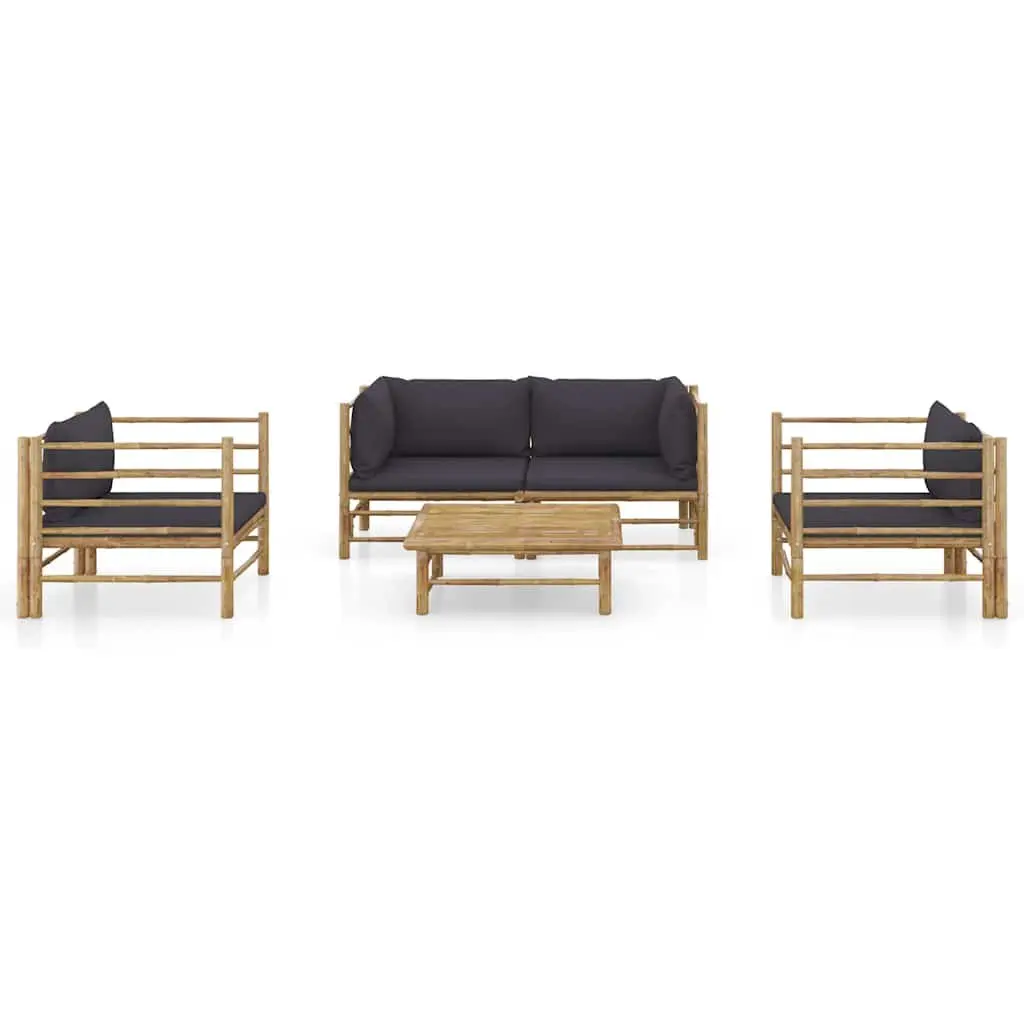 Modular Lounge Set Bamboo Construction 5 Piece Dark Grey Cushions Outdoor Furniture