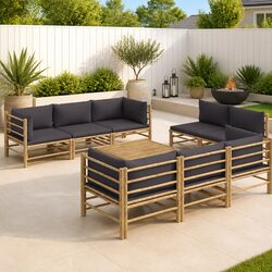 9 Piece Bamboo Garden Lounge Set Outdoor Furniture Grey Cushions Modular
