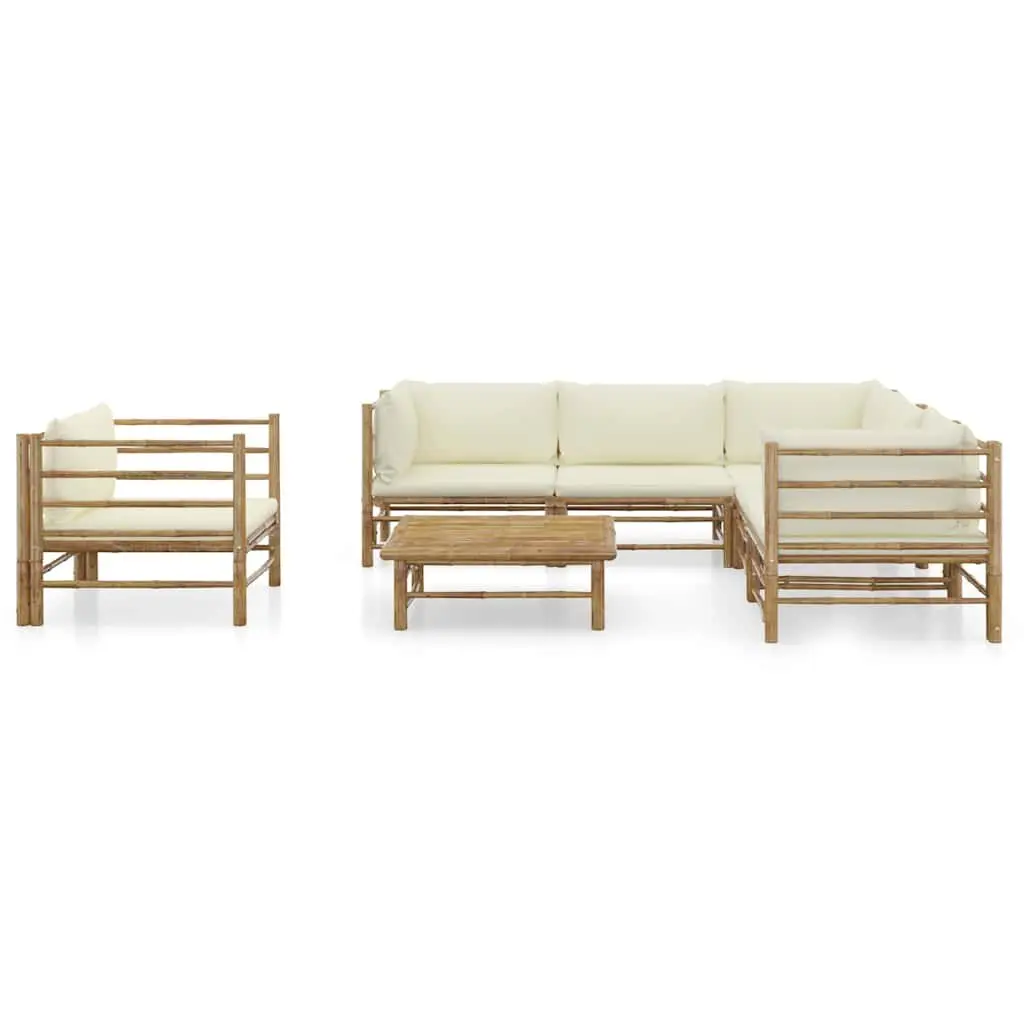 7 Piece Modular Lounge Set Bamboo Construction Outdoor Furniture Cream Cushions