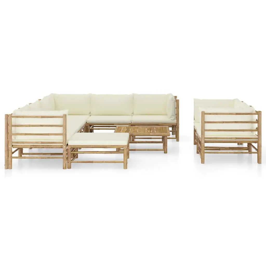 Bamboo Garden Lounge Set Modular Outdoor Furniture 10 Piece Cream White Cushions