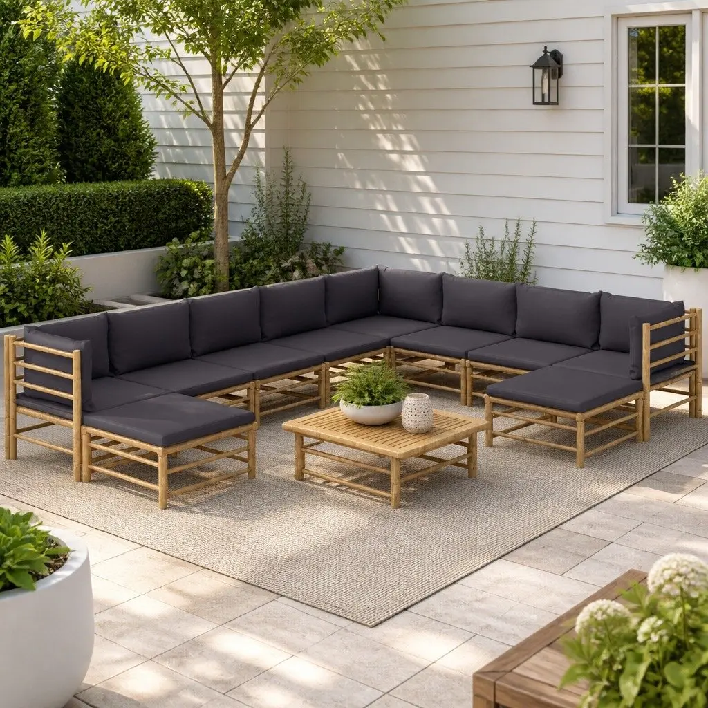 Garden Lounge Set Bamboo Modular 11 Piece Outdoor Furniture Dark Grey Cushions