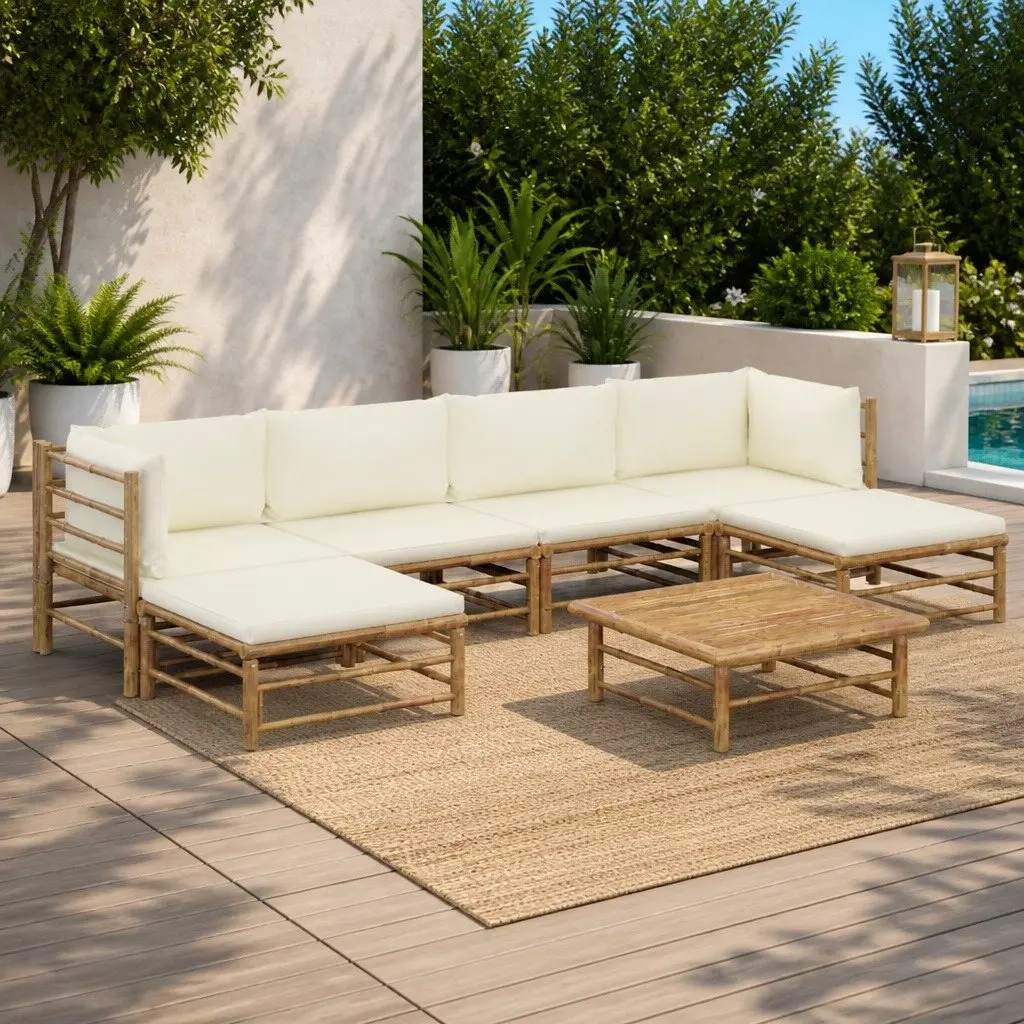 7 Piece Bamboo Garden Lounge Set Modular Arrangement Cream White