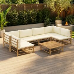 7 Piece Bamboo Garden Lounge Set Outdoor Furniture with Cream White Cushions