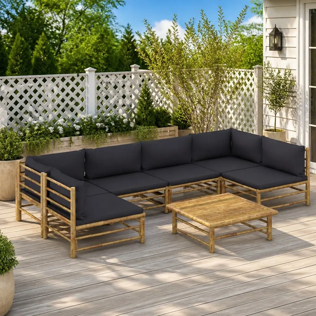 Modular Bamboo Outdoor Lounge Set 7 Piece with Dark Grey Cushions