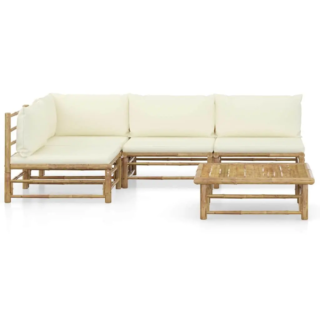 5 Piece Bamboo Garden Lounge Set Modular Cream White Cushions