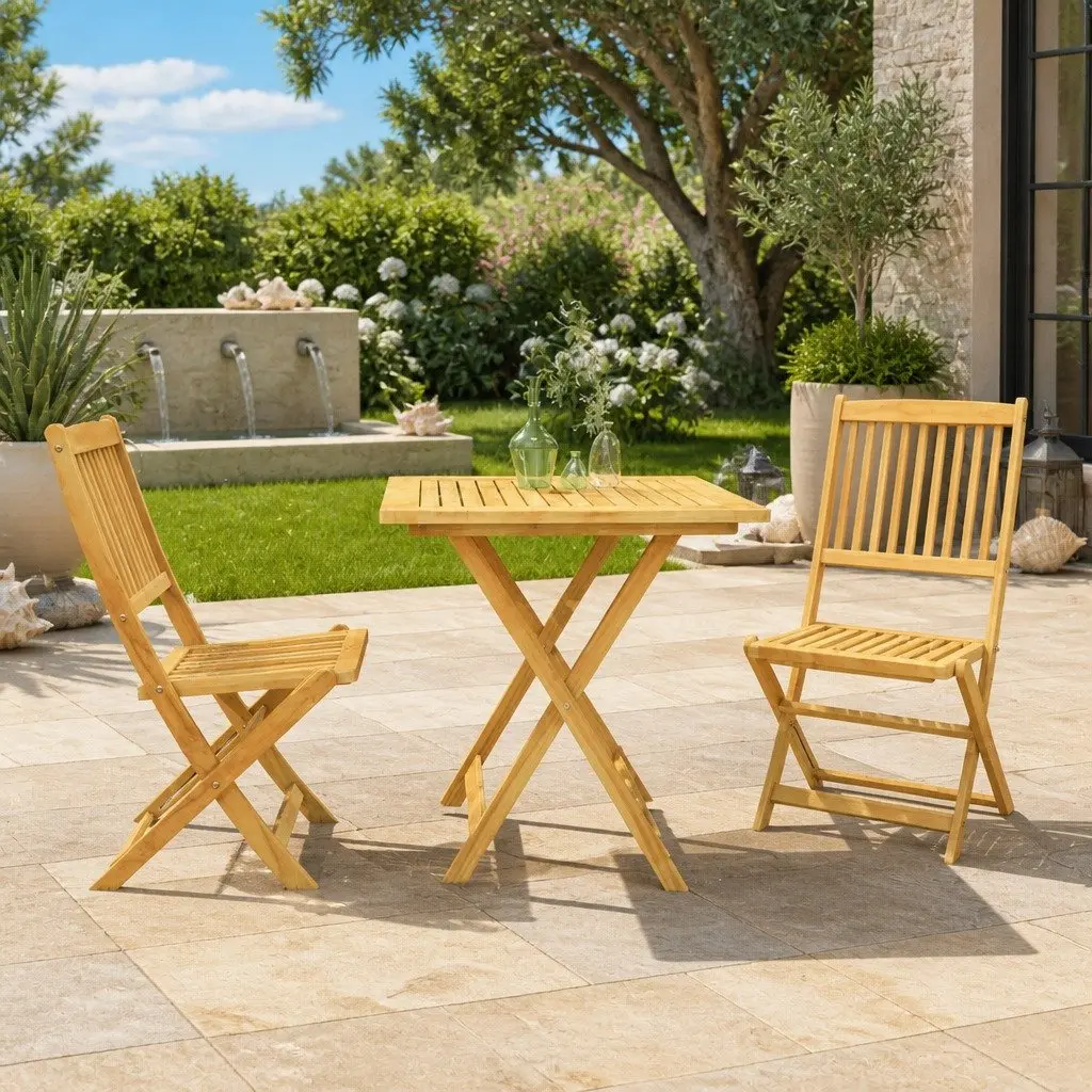 3 Piece Folding Dining Set Outdoor Brown Acacia Wood Table and Chairs
