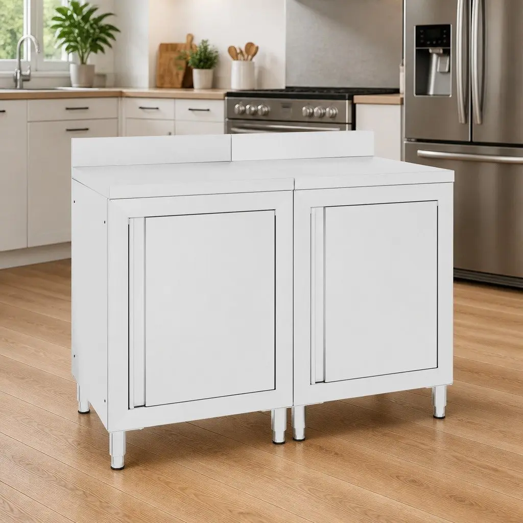 Stainless Steel Work Table Cabinet 120x60x96cm with Bottom Storage Adjustable Feet and Backsplash for Professional Kitchen