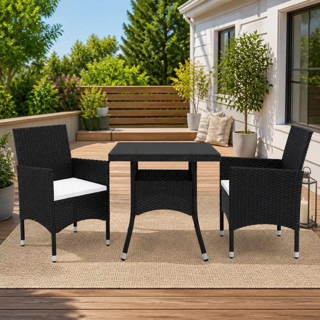 3 Piece Garden Dining Set Black Poly Rattan Glass Outdoor Patio Furniture