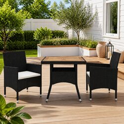 3 Piece Outdoor Dining Set Black Poly Rattan Acacia Wood Table Chairs Garden