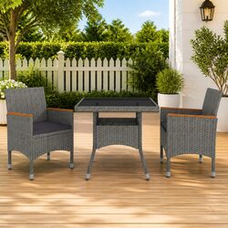 3 Piece Garden Dining Set Grey Rattan Acacia Wood Outdoor Furniture Patio Table