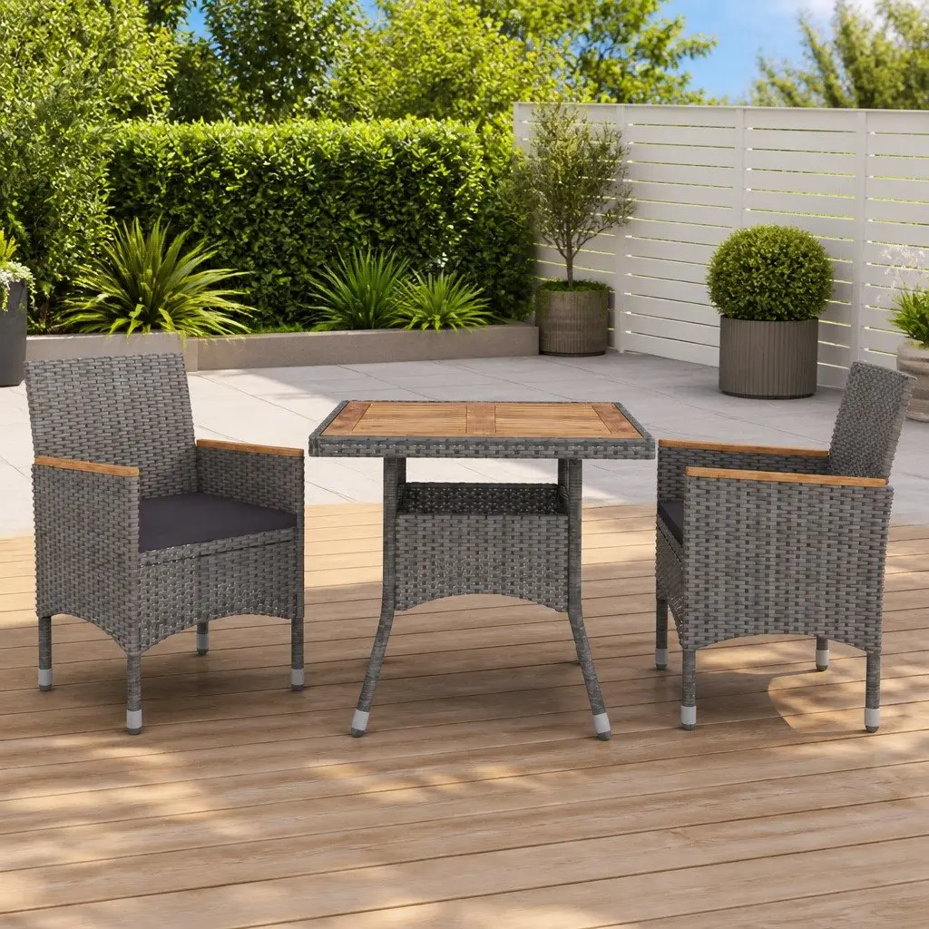 Outdoor Dining Set Grey Rattan 3 Piece with Cushions Steel Frame Acacia Wood