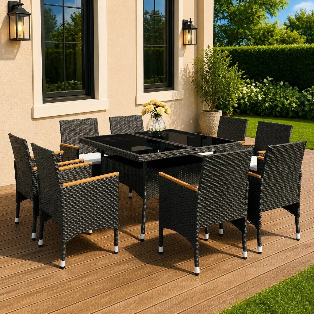 9 Piece Outdoor Dining Set Poly Rattan Reinforced Steel Frame Acacia Wood Black