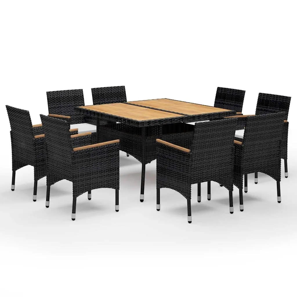 9 Piece Patio Dining Set Black Acacia Wood Reinforced Steel Frame Weather Resistant PE Rattan Outdoor Furniture
