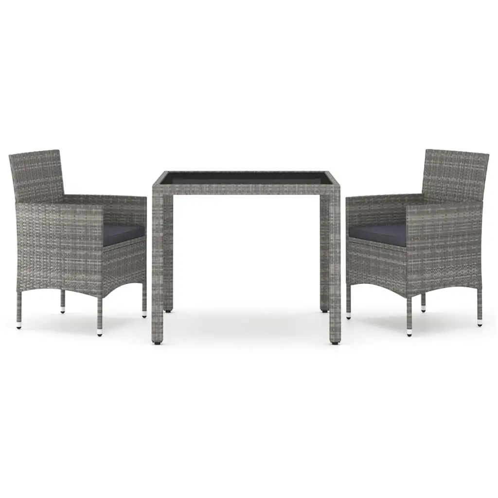 Garden Dining Set Grey PE Rattan Powder-Coated Steel 3 Piece Tempered Glass