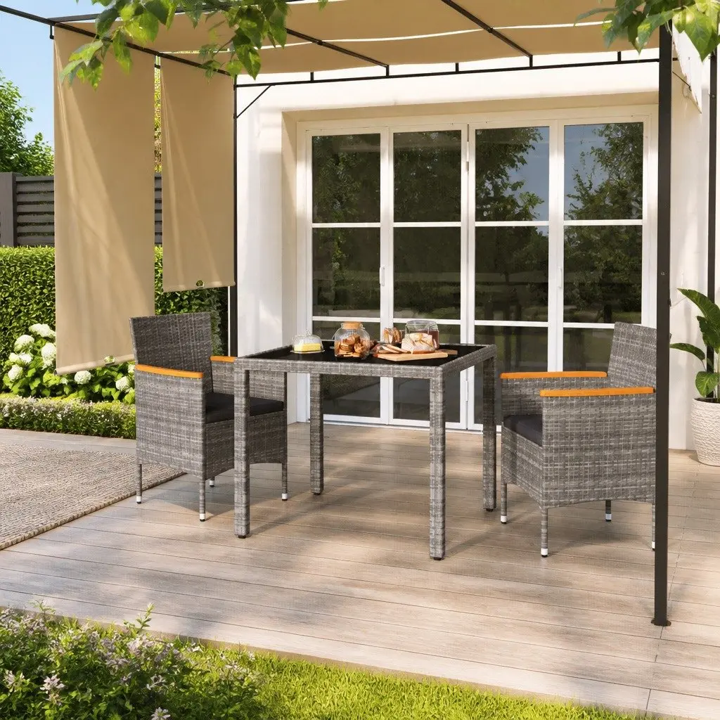 3 Piece Garden Dining Set Grey PE Rattan Steel Frame Tempered Glass Outdoor Furniture