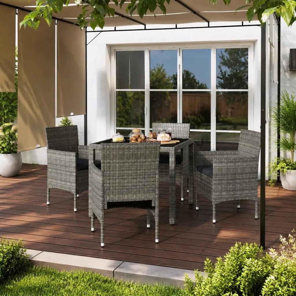Garden Dining Set 5 Piece Outdoor PE Rattan Chairs Table Tempered Glass Grey